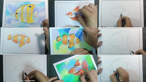 用油画棒和丙烯马克笔绘制色彩斑斓的鱼 (英文课程中文字幕)